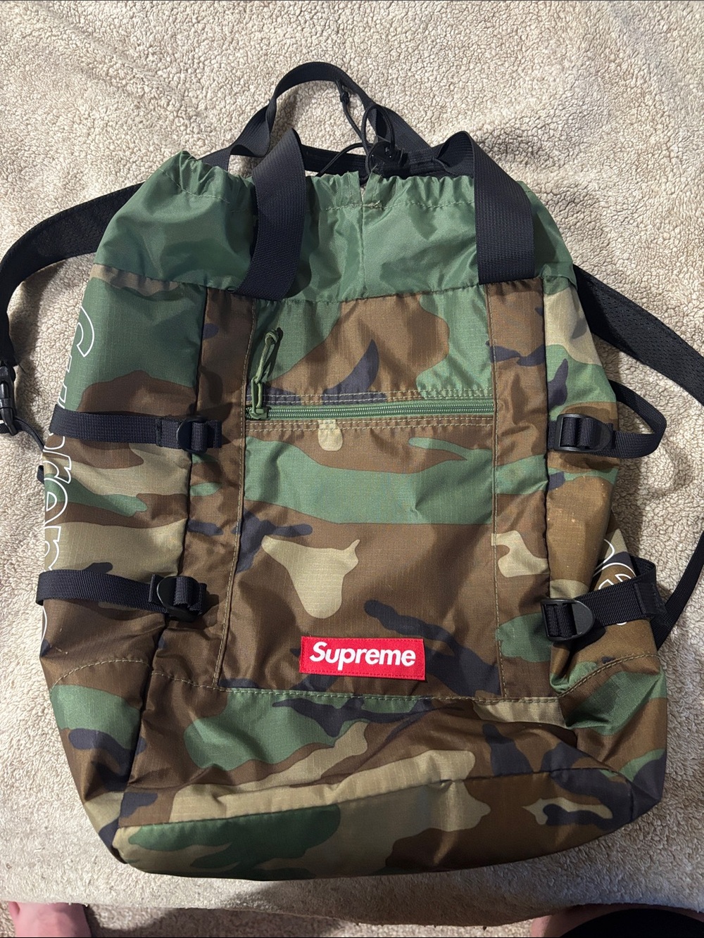 Supreme Green Brown Camouflage Drawstring Backpack